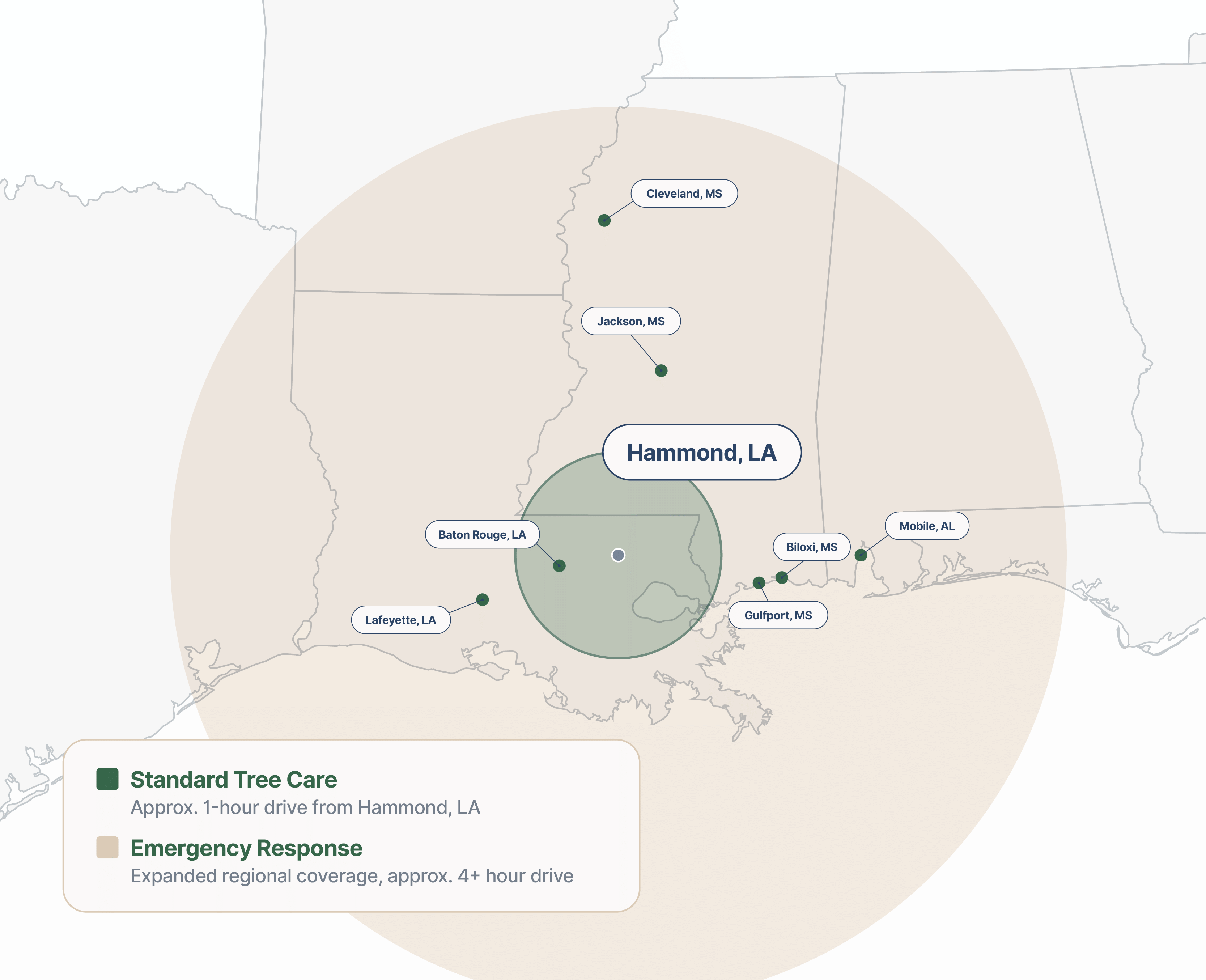 Map highlighting Tangi Tree’s service area across Springfield, Tangipahoa Parish, Livingston Parish, and surrounding Louisiana regions.