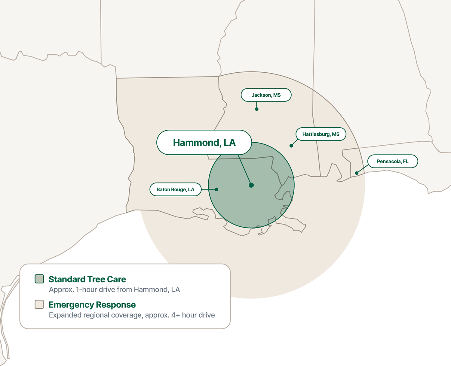 Map highlighting Tangi Tree’s service area across Springfield, Tangipahoa Parish, Livingston Parish, and surrounding Louisiana regions.