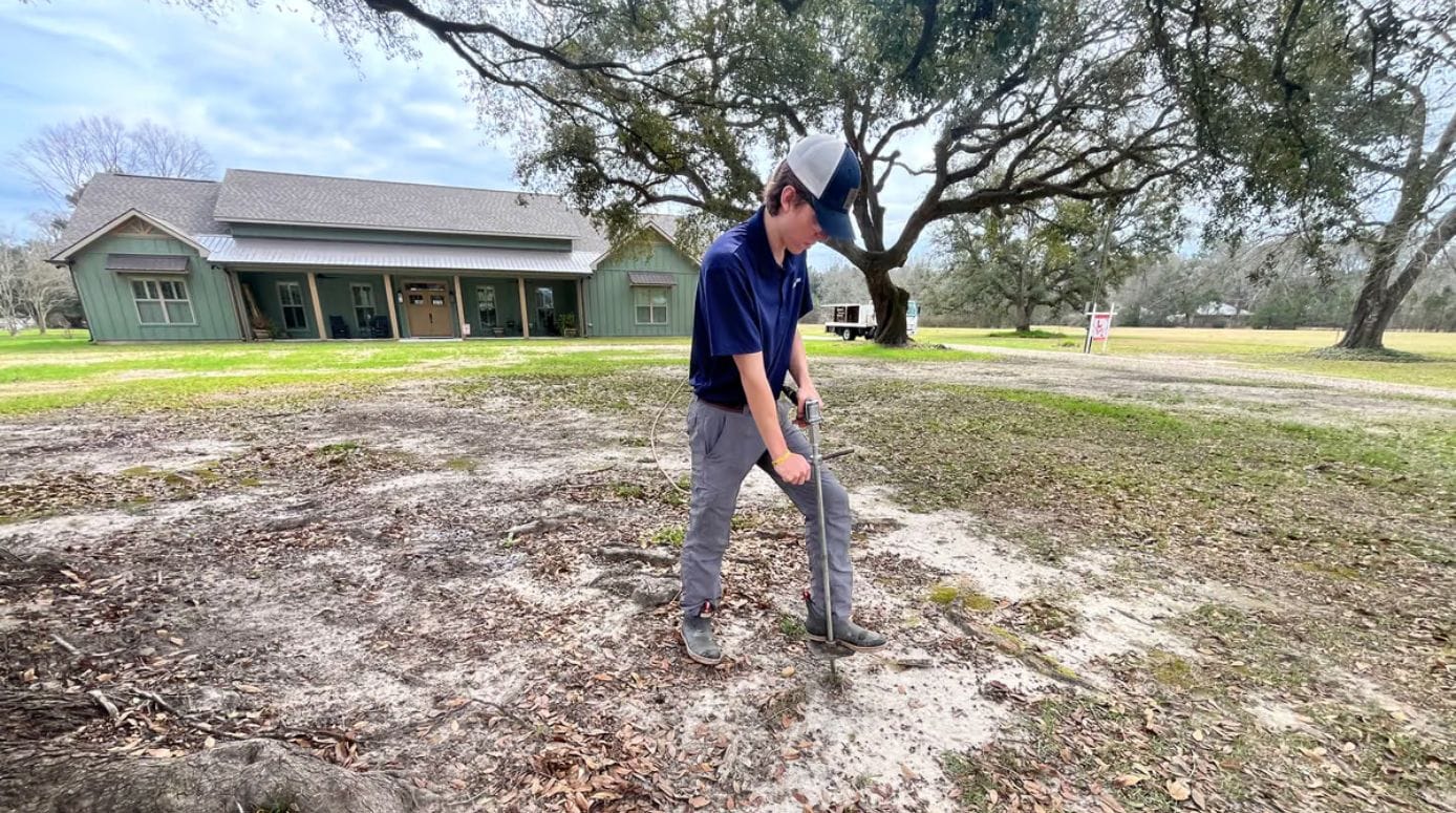 Tree care technician inspecting soil and roots as part of a tree health and disease assessment. Tree care technician inspecting soil and roots as part of a tree health and disease assessment.