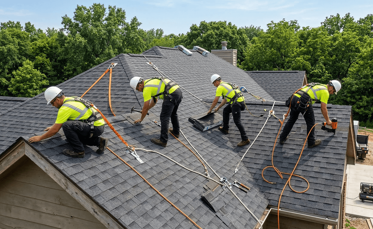 Roofers installing asphalt shingles on residential roof in Ponchatoula LA