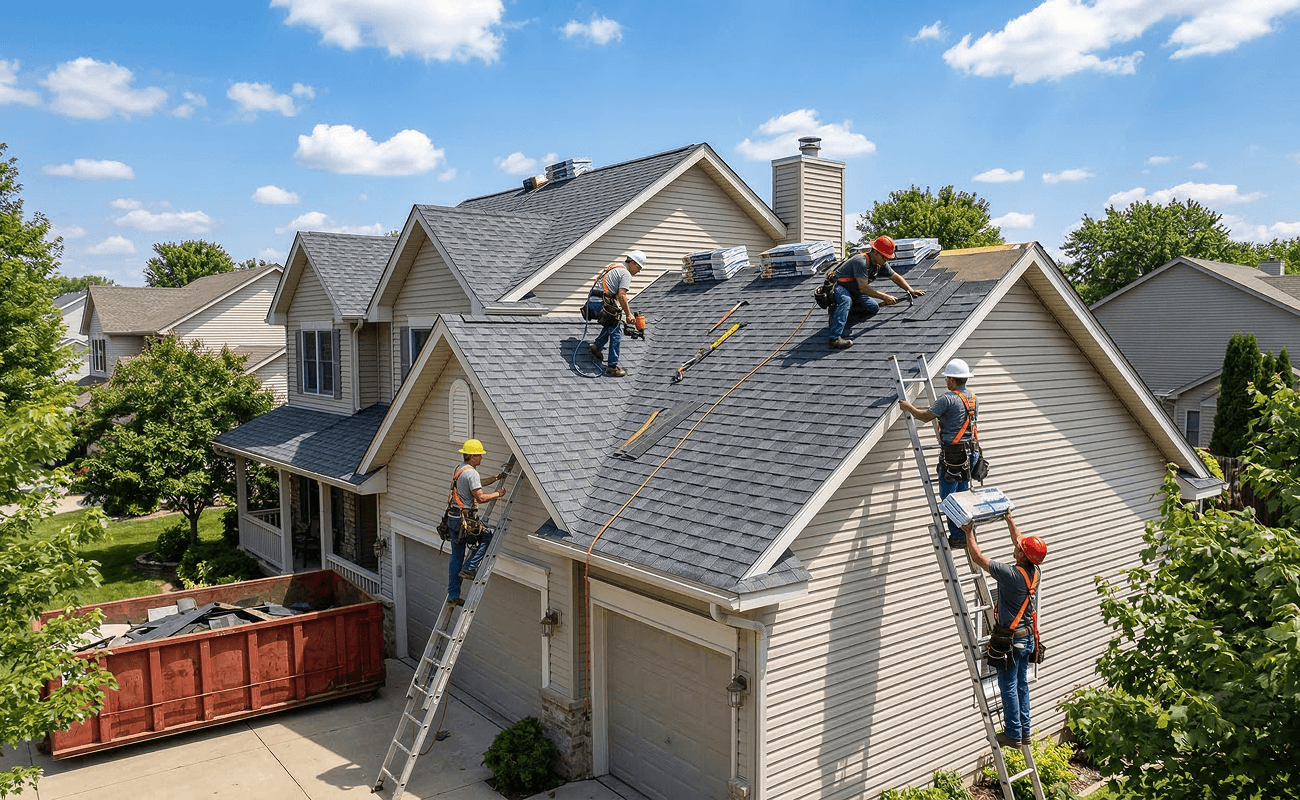 Roofing crew repairing storm damage on residential home