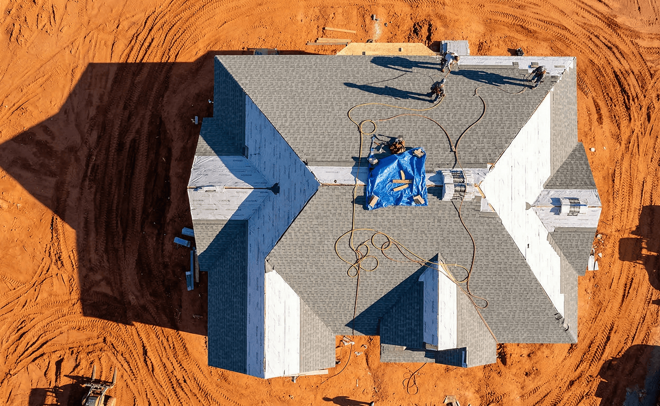 Aerial view of roof replacement project in progress